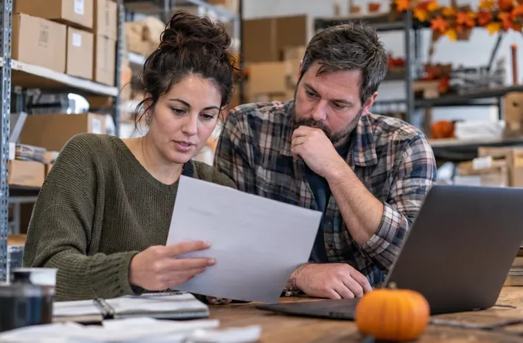 A small retail business owner and coworker review a paper checklist beside a laptop in a stocked shop.