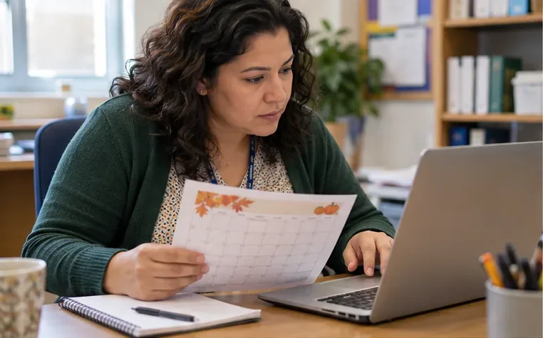 A school staff member compares a printed October calendar with a laptop at a desk before checking newsletter dates.