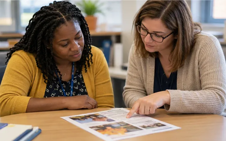 Two school staff members sit together and proofread a printed newsletter, pointing to a section as they review it.