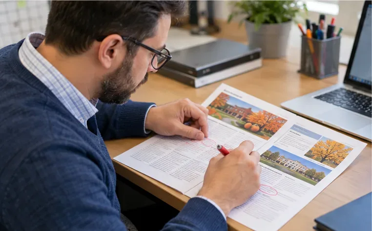 An educator marks a printed school newsletter proof with a red pen while reviewing its layout and wording.