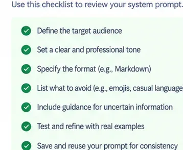 AI-generated illustration of a checklist for reviewing a Claude technical documentation system prompt