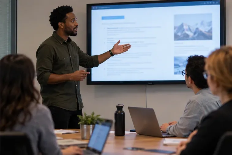 An engineer presents a document on a large display while colleagues listen around a conference table.