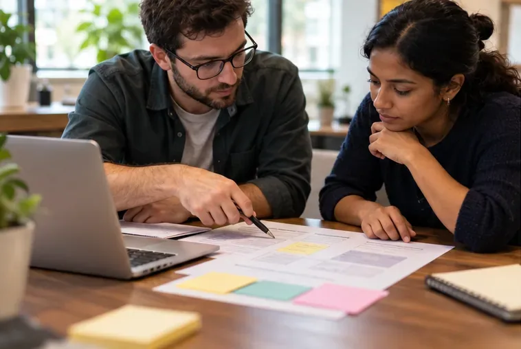 Two teammates review a printed worksheet together beside a laptop and colored sticky notes.