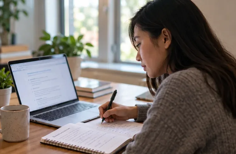 A developer compares handwritten notes with a technical documentation page open on a laptop.
