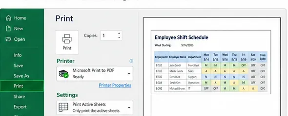 Excel Print screen showing a preview of the employee shift schedule and print settings