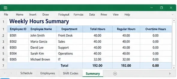 Excel Weekly Hours Summary with employee IDs, names, departments, total hours, regular hours, overtime hours, and a total row