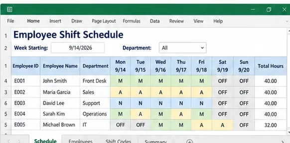 Excel employee shift schedule filled with Morning, Afternoon, Night, and Off shift codes across a weekly grid