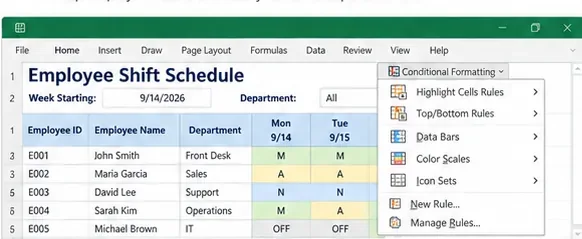 Excel employee shift schedule with the Conditional Formatting menu open over the weekly schedule