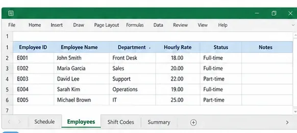 Excel Employees worksheet with employee IDs, names, departments, hourly rate examples, status, and notes