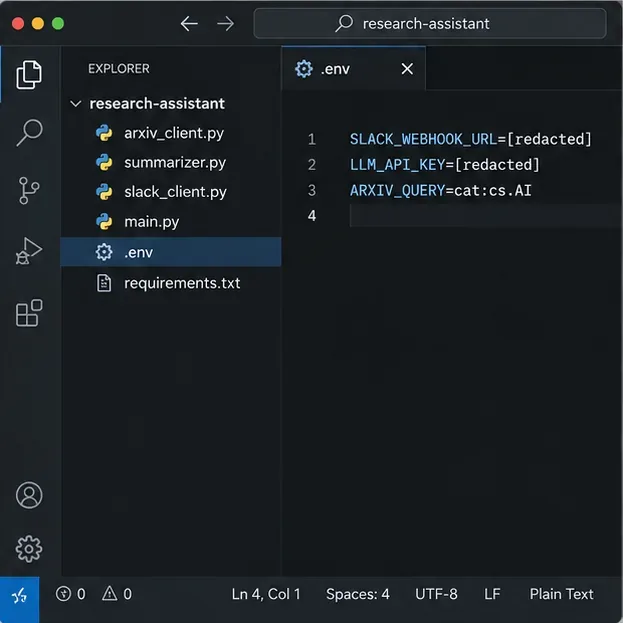 Project workspace with arxiv_client.py, summarizer.py, slack_client.py, main.py, and redacted environment variables.