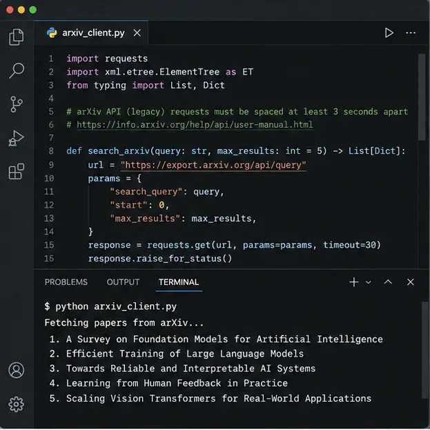 Code editor and terminal showing an arXiv API client fetching research papers while respecting the three-second request interval.