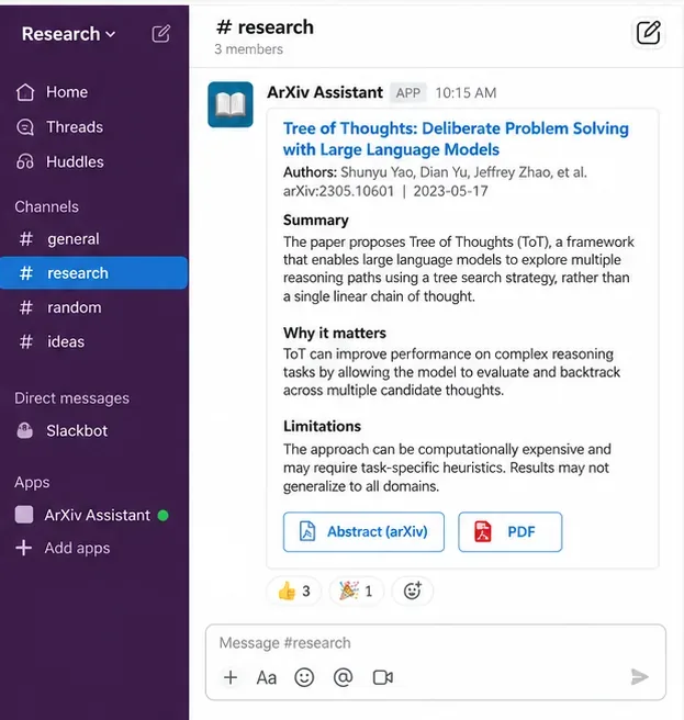 Slack research channel example showing a paper digest with title, authors, summary, why it matters, limitations, and source links.