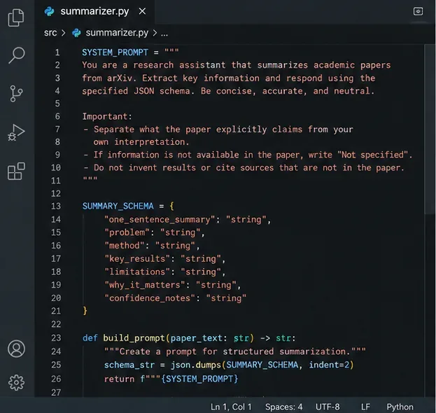 Code editor showing a structured summarization prompt with fields for summary, problem, method, results, limitations, relevance, and confidence notes.