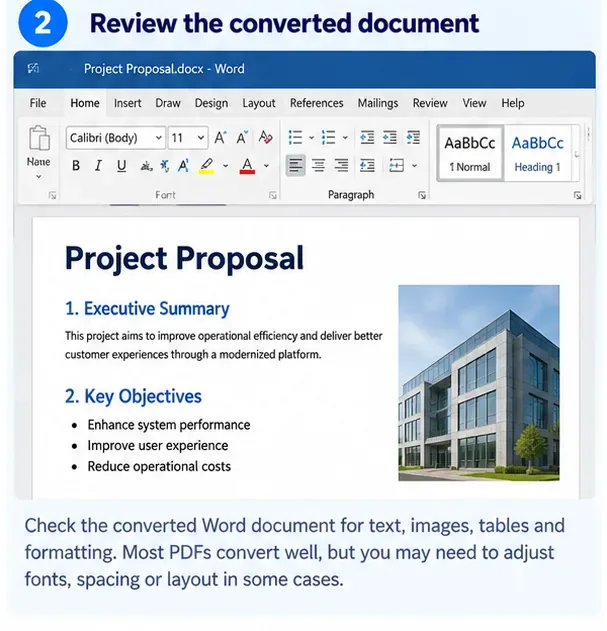 AI-generated illustration of reviewing a converted PDF document in Microsoft Word
