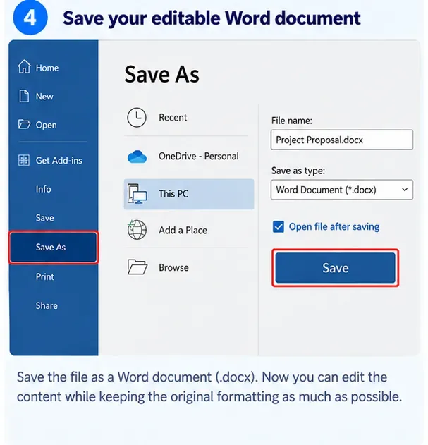 AI-generated illustration of saving a converted PDF as a DOCX file in Microsoft Word