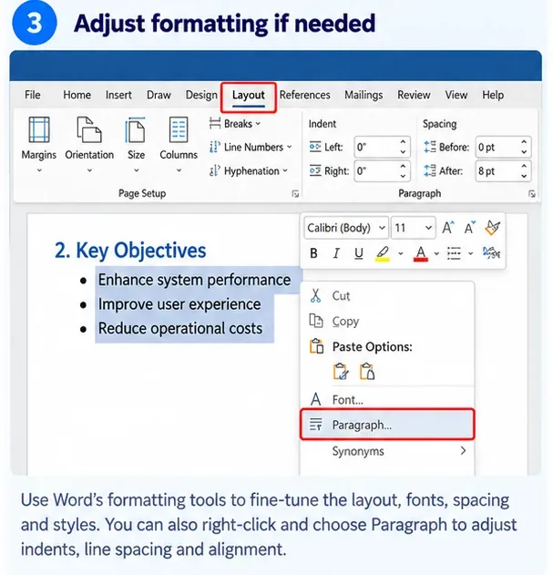 AI-generated illustration of adjusting layout and paragraph formatting in Microsoft Word
