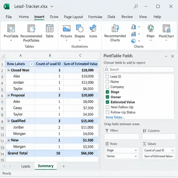 Excel PivotTable summary showing lead counts and estimated values grouped by sales stage and owner