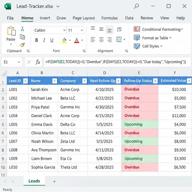 Excel lead tracker with a Follow-Up Status formula and red Overdue and green Upcoming results