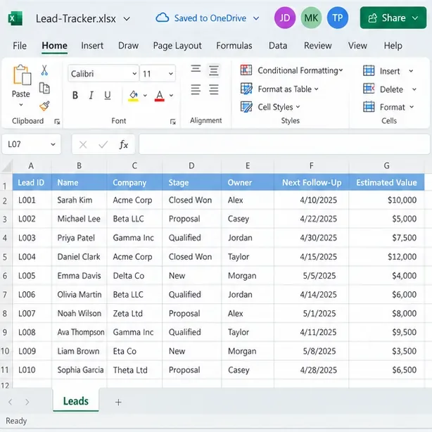 Excel lead tracking workbook saved to OneDrive with collaborator avatars and a Share button visible