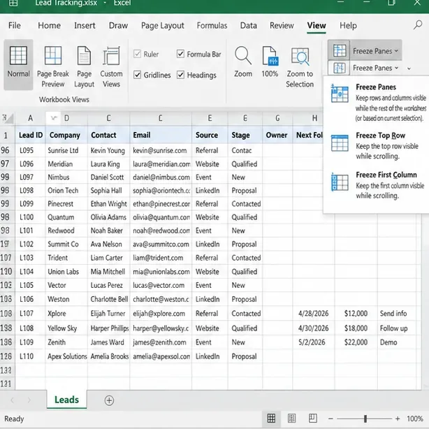 Excel View tab with the Freeze Panes menu open over a longer lead tracking worksheet