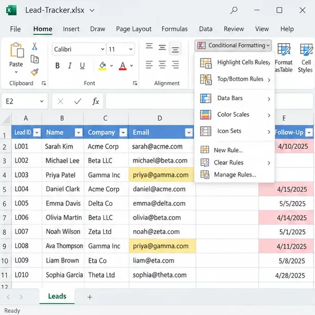 Excel Conditional Formatting menu above a lead table with duplicate email cells and past follow-up dates highlighted