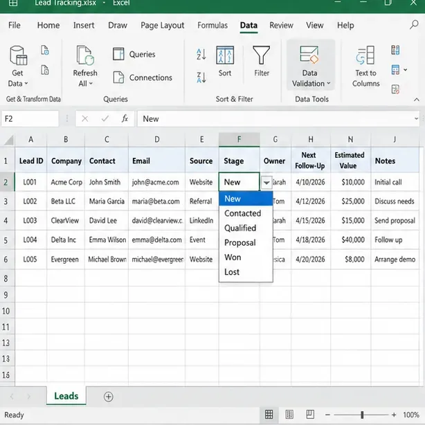 Excel lead tracker showing a Stage dropdown with New, Contacted, Qualified, Proposal, Won, and Lost options