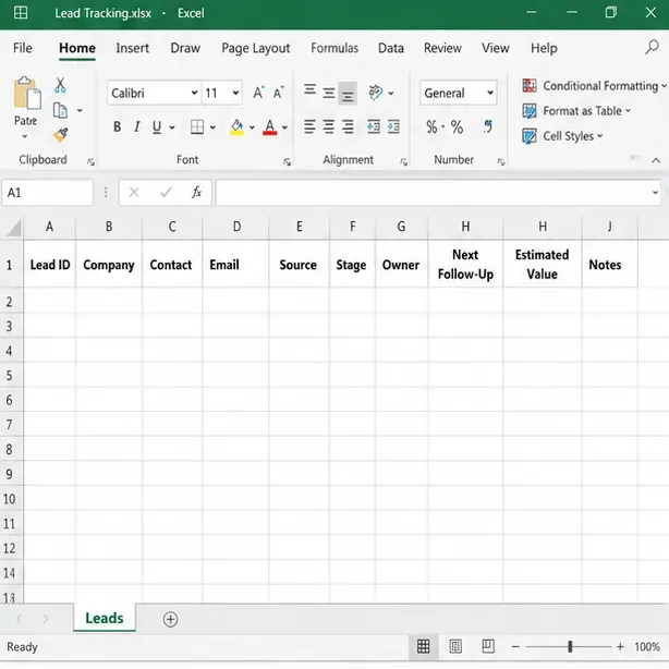 Excel worksheet with Lead ID, Company, Contact, Email, Source, Stage, Owner, Next Follow-Up, Estimated Value, and Notes columns ready for lead tracking