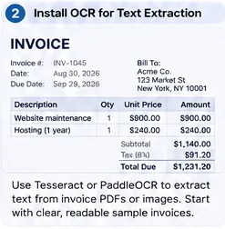 Example invoice used to test OCR, showing vendor details, dates, line items, subtotal, tax, and total