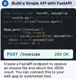 Example FastAPI code panel for a POST invoices endpoint and a successful HTTP response