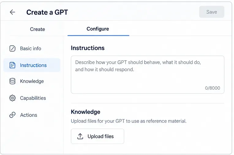 Tela de configuração do GPT mostrando áreas separadas para Instruções e Conhecimento.