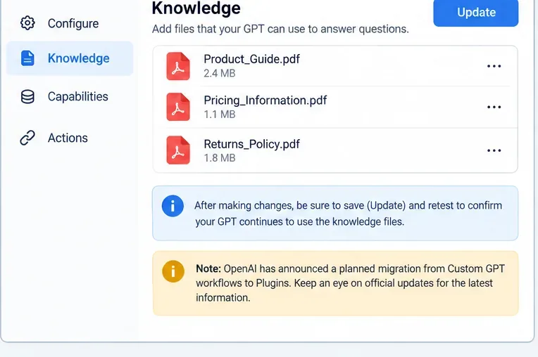 Painel de informações listando três arquivos PDF com um botão Atualizar e um aviso de migração.