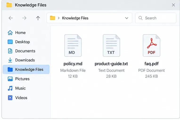 O navegador de arquivos exibe os arquivos policy.md, product-guide.txt e faq.pdf, preparados para upload.