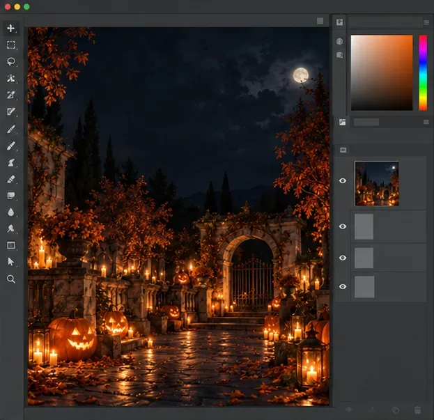 A sample design workspace displays a lantern-lit courtyard with carved pumpkins and dark open sky.