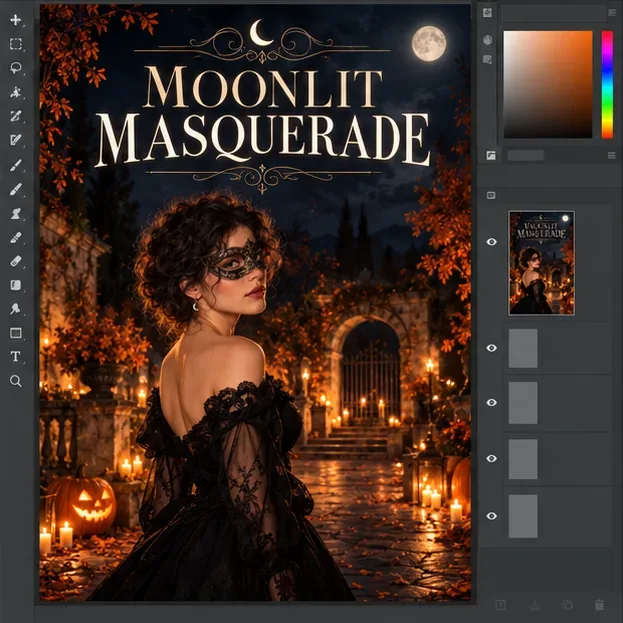 A sample poster workspace shows the masked woman in the courtyard beneath the readable title MOONLIT MASQUERADE.