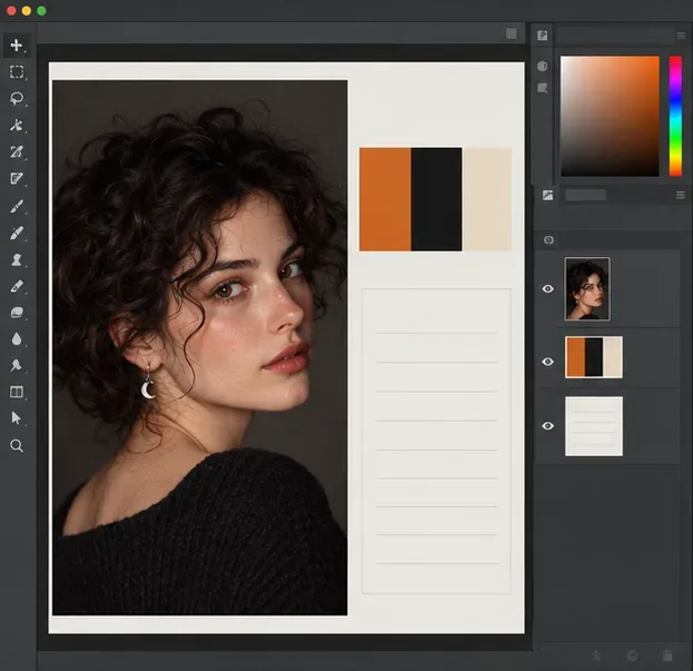 A sample design workspace shows a dark-curled woman's portrait, black and orange color swatches, and a blank planning card.