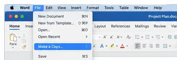 Microsoft Word for Mac File menu with Make a Copy highlighted