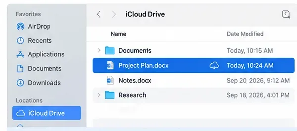 Finder window showing a Word document stored in a cloud-synced folder