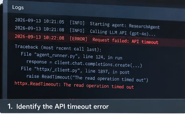 Example dark log view showing a multi-agent research call ending in an API timeout and read-timeout traceback.