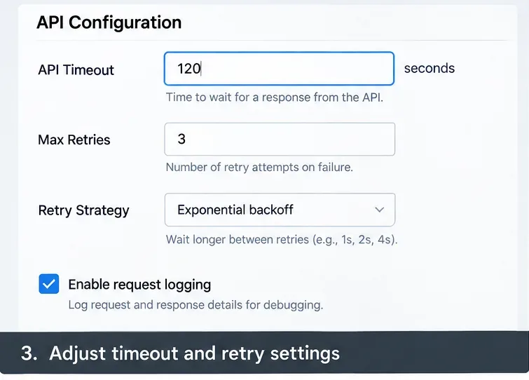 Example API configuration panel showing a request timeout, maximum retry count, exponential-backoff strategy, and request logging.