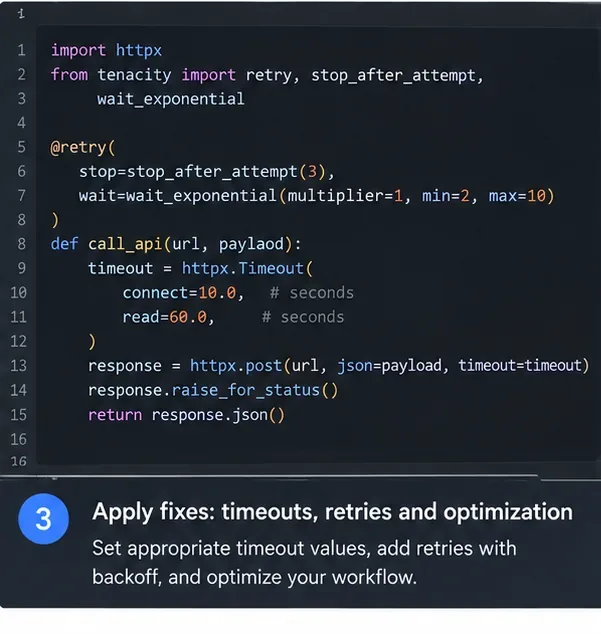 Example Python editor view showing separate connect and read timeout values plus a bounded retry policy with exponential waiting.