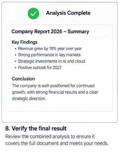 Completed analysis panel with a summarized report ready for coverage and accuracy review.