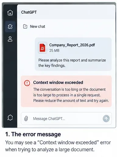 Example analysis window showing a long report and a Context window exceeded message.