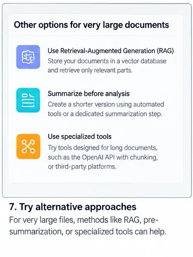 Strategy panel listing retrieval, pre-summarization, and specialized long-document tools.