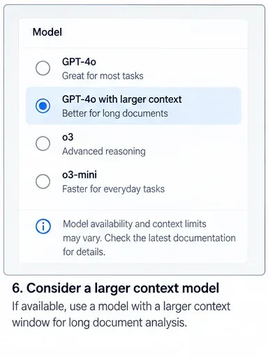 Model-selection panel illustrating the choice of a model with a larger context window.