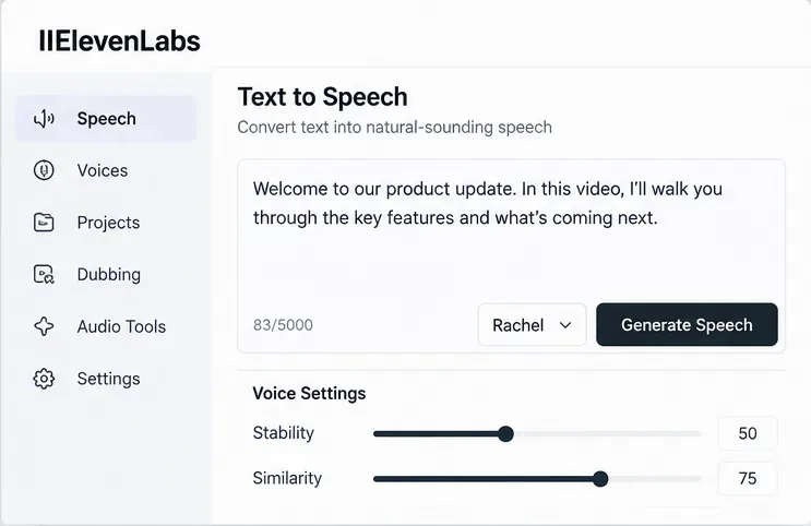 An ElevenLabs-style Text to Speech workflow view with a short narration script, voice selection, and stability and similarity controls.