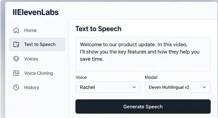 An ElevenLabs-style Text to Speech screen showing a short product-update script, a selected voice, and the Eleven Multilingual v2 model before speech generation.