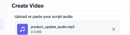 A cropped video-creation workflow showing an uploaded MP3 narration file ready to be used as the audio source for an avatar video.