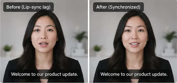 A before-and-after comparison of the same talking-head speaker, with the left frame labeled Before lip-sync lag and the right frame labeled After synchronized.