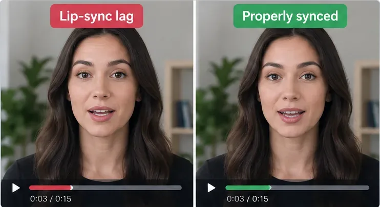 A side-by-side talking-head comparison labeled Lip-sync lag and Properly synced, showing the same speaker at the same point in a fifteen-second clip.