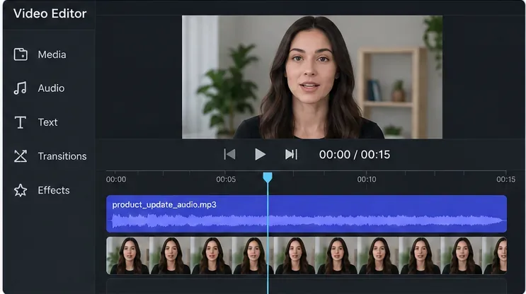 A video editing timeline with a talking-head preview, an audio waveform, frame thumbnails, and the playhead positioned around the middle of a fifteen-second clip.